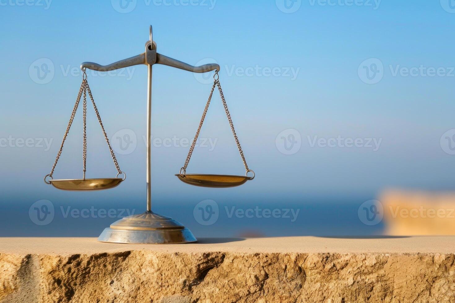 Balancing scale of justice standing on stone with sea in background photo