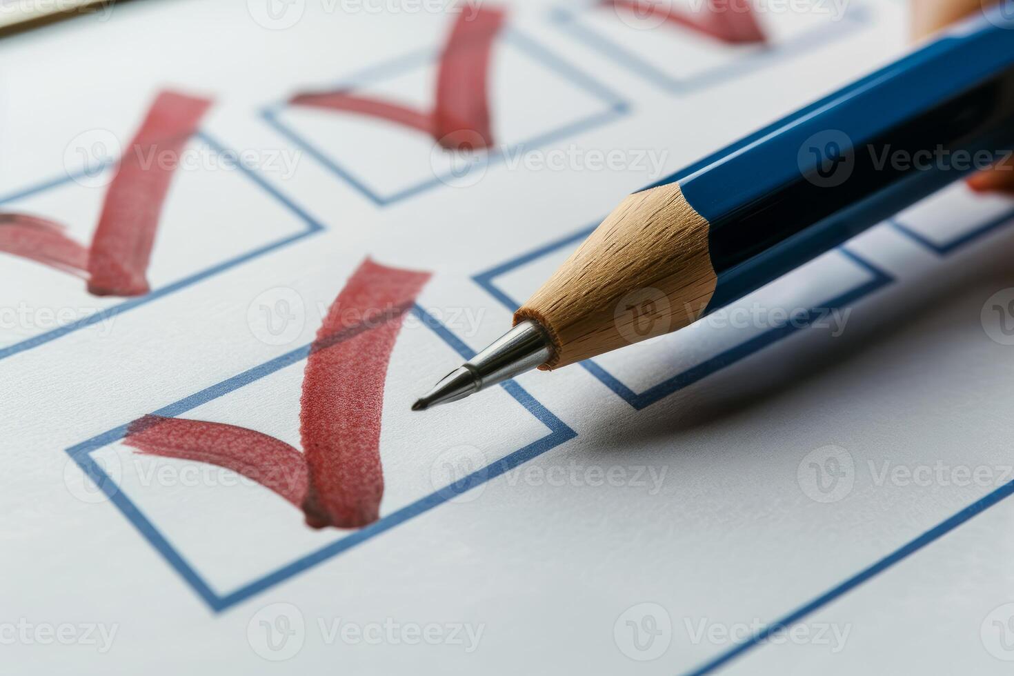 Person is checking off multiple tasks with red check marks on clipboard photo