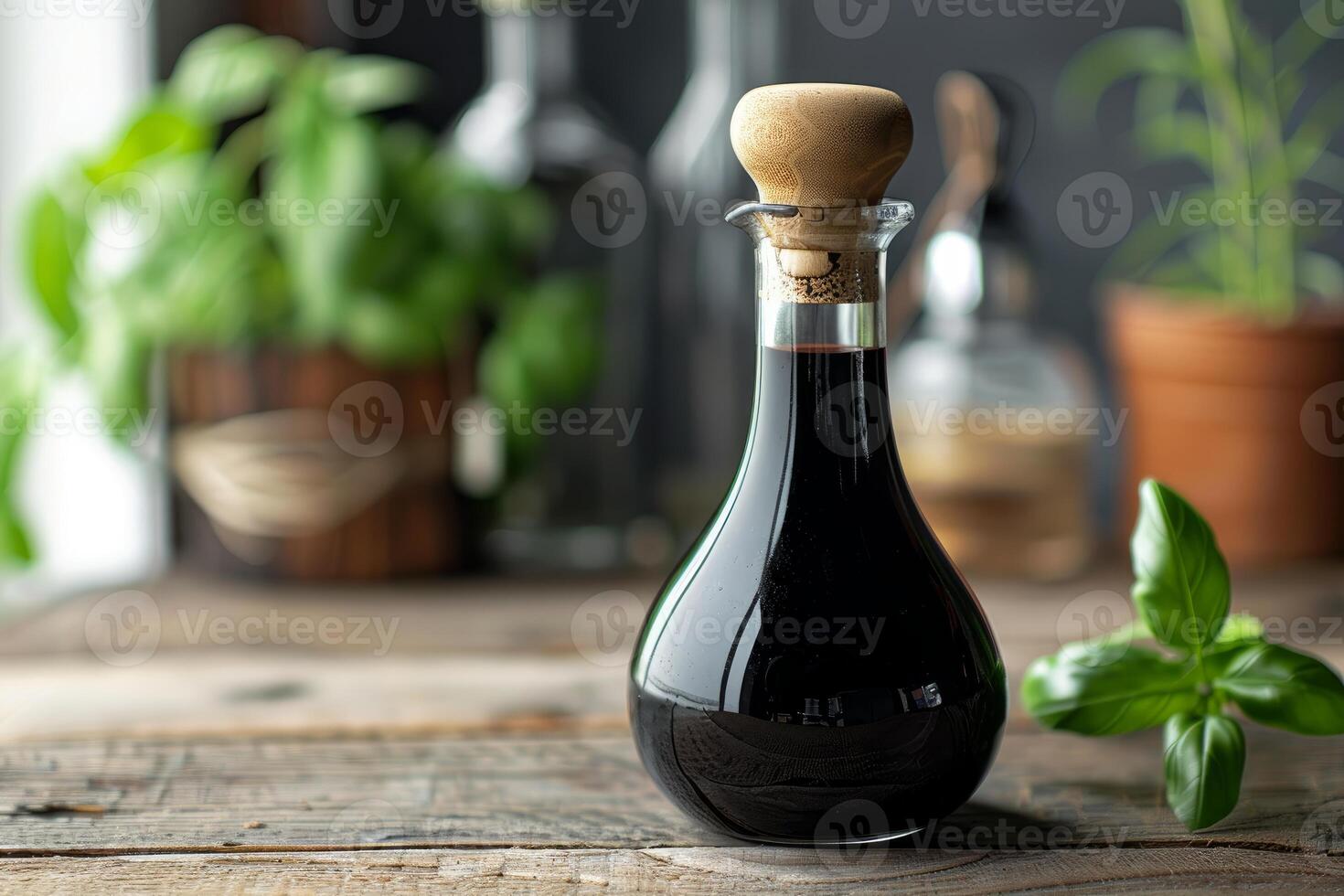 Balsamic vinegar bottle sitting on rustic kitchen table with fresh herbs photo