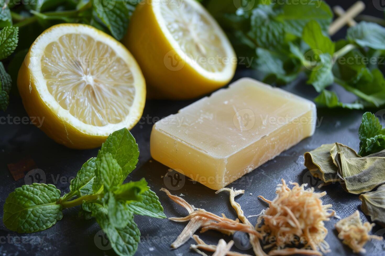 Handmade soap surrounded by fresh mint and lemons on a slate countertop photo