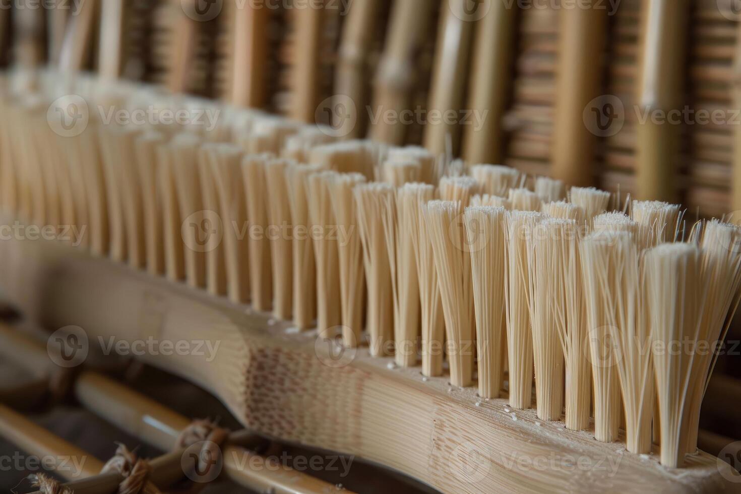 Close up of a bamboo brush resting on bamboo stalks photo