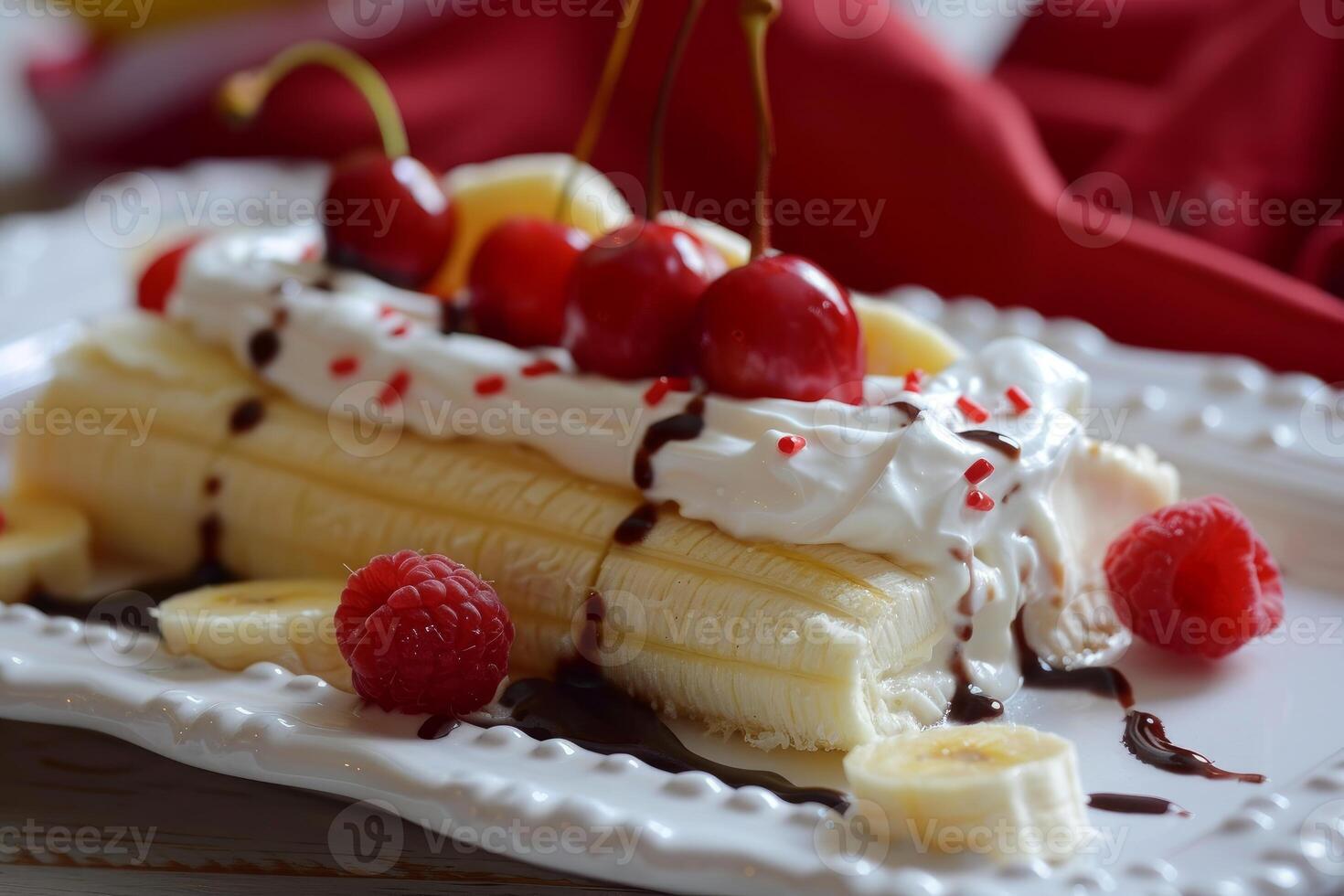 Banana split dessert with whipped cream drizzled with chocolate syrup on white plate photo