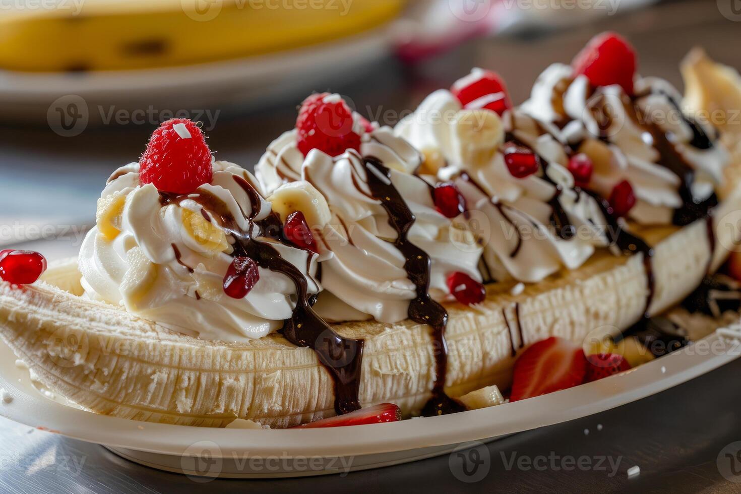 Banana split covered in whipped cream, chocolate sauce and topped with fresh fruit being prepared on bar photo