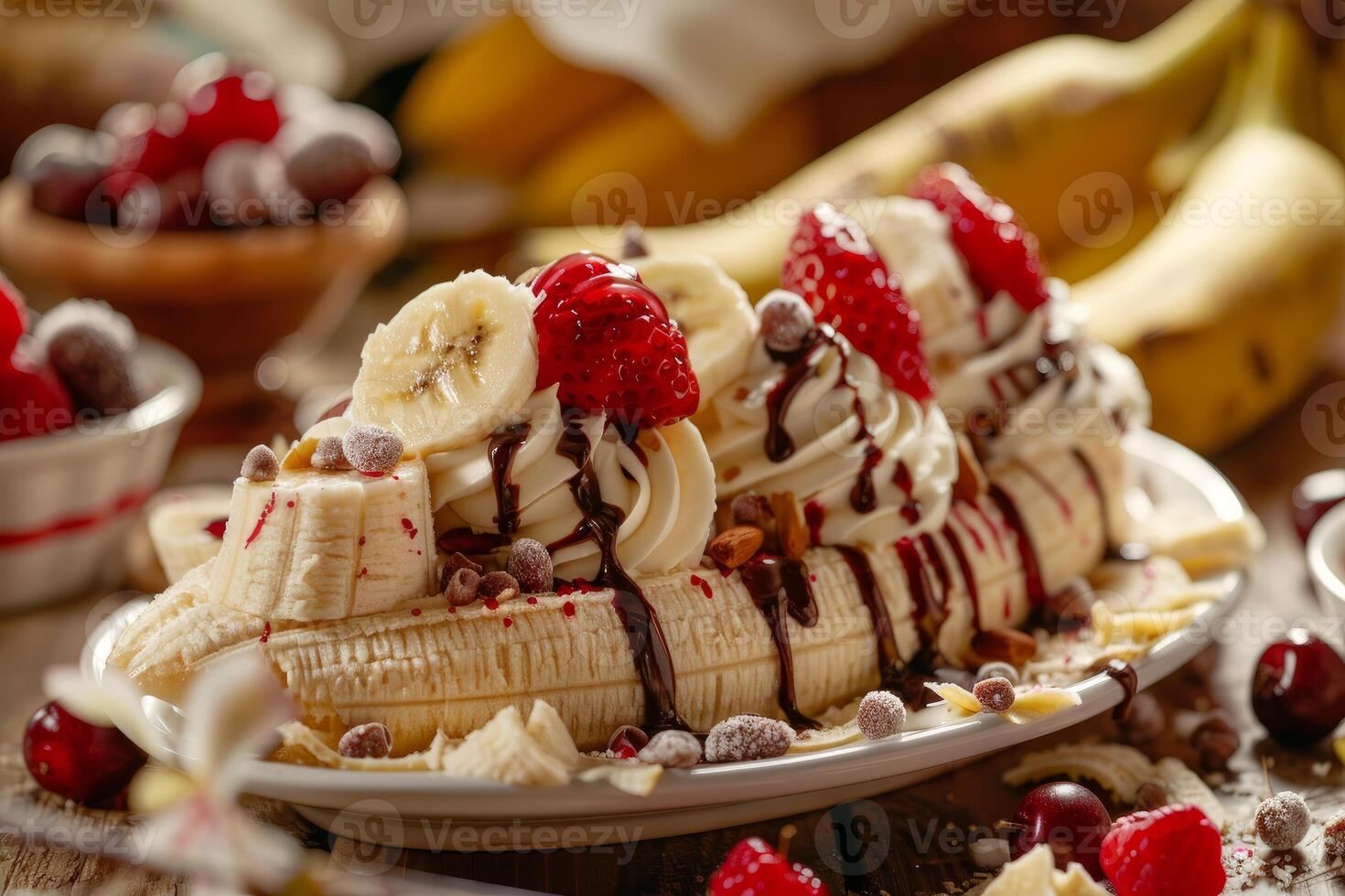 Banana split decorated with whipped cream, chocolate, and fruit on a rustic wooden table photo