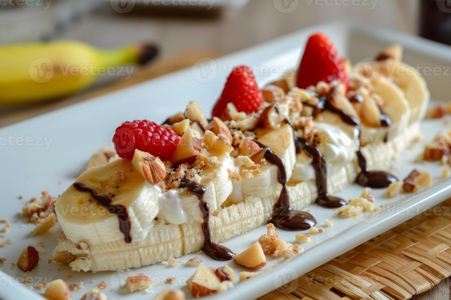 Banana split decorated with sliced almonds and chocolate syrup on white rectangular plate photo