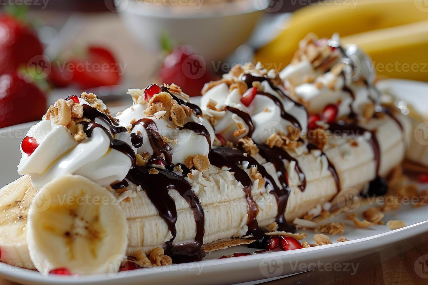 Banana split dessert with whipped cream, chocolate syrup, strawberries and pomegranate seeds photo