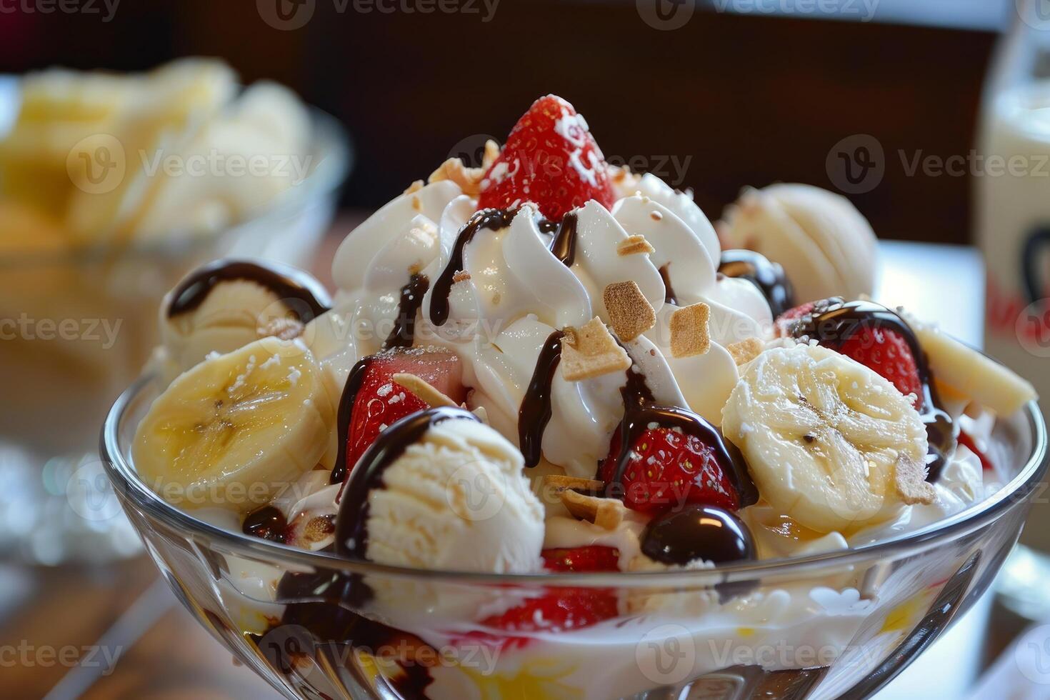 Delicious ice cream dessert with whipped cream, banana and strawberry slices being served in a sundae glass photo