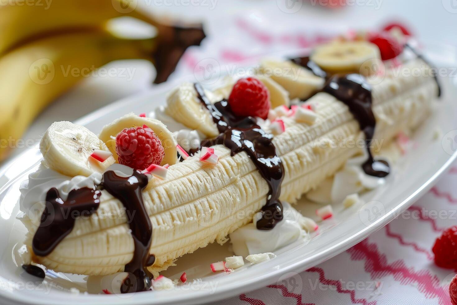 Banana split laying on white plate covered in chocolate sauce and whipped cream photo
