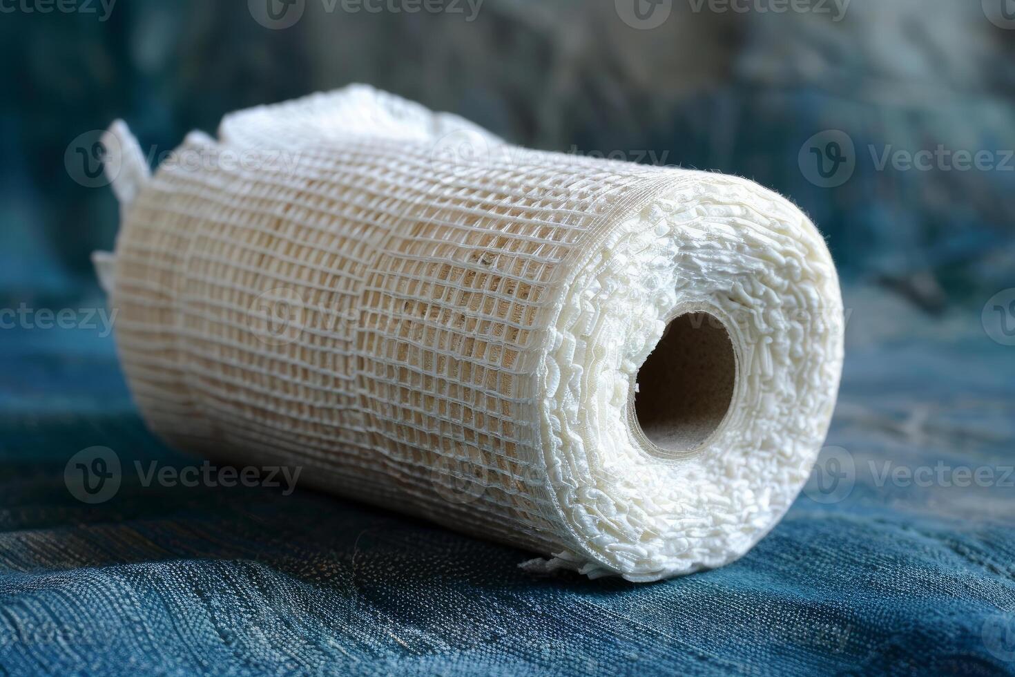 Roll of white gauze bandage lying on blue textile photo