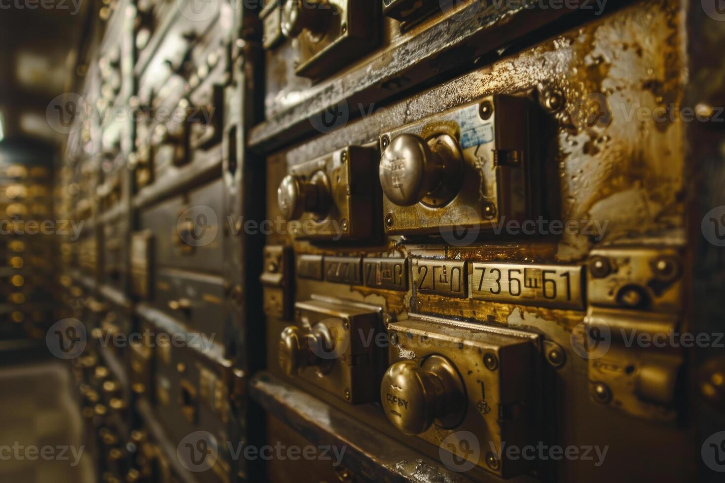Old safe deposit boxes showing financial history in bank vault photo