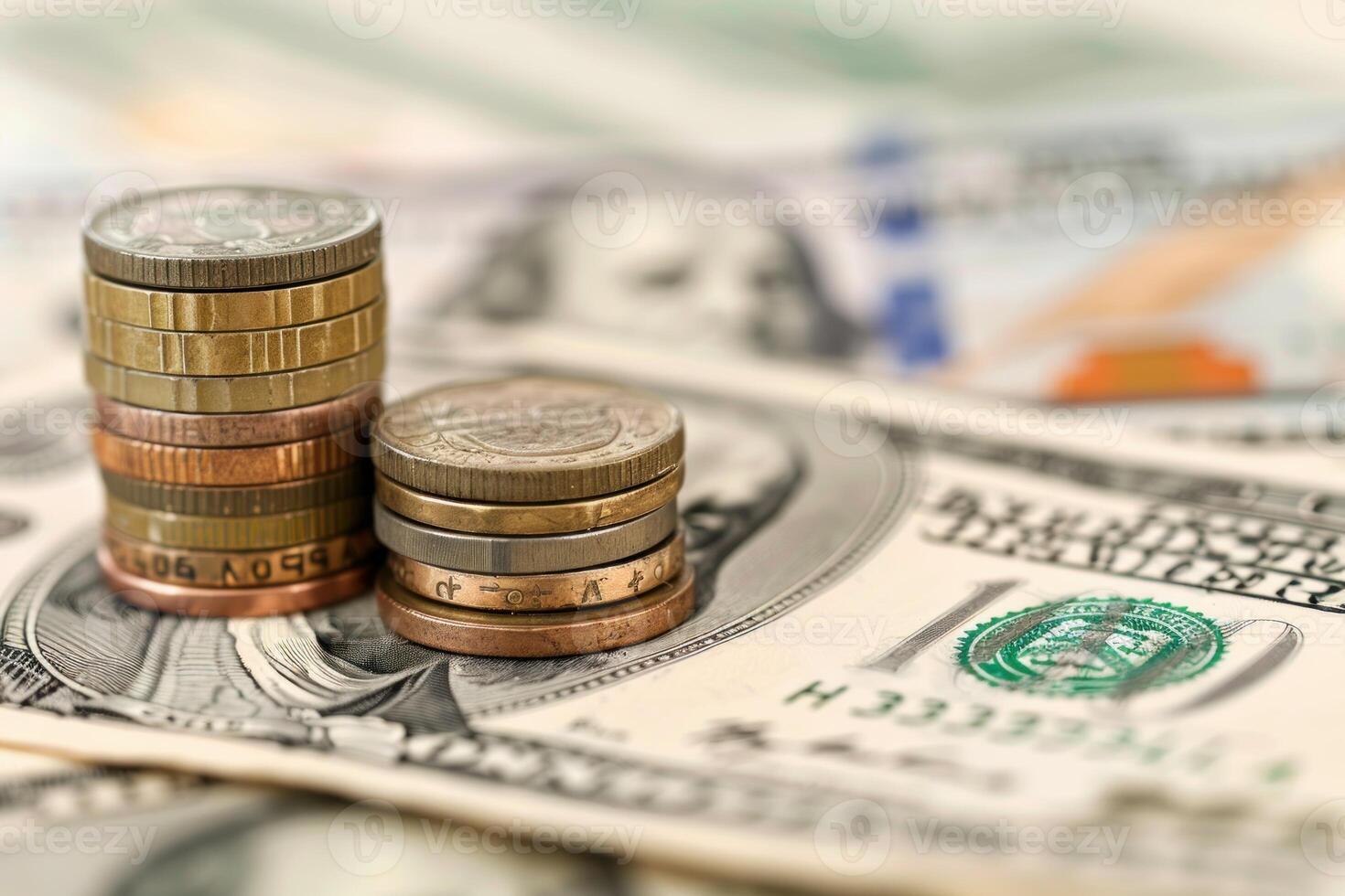 Stacks of american and european coins resting on dollar bills photo