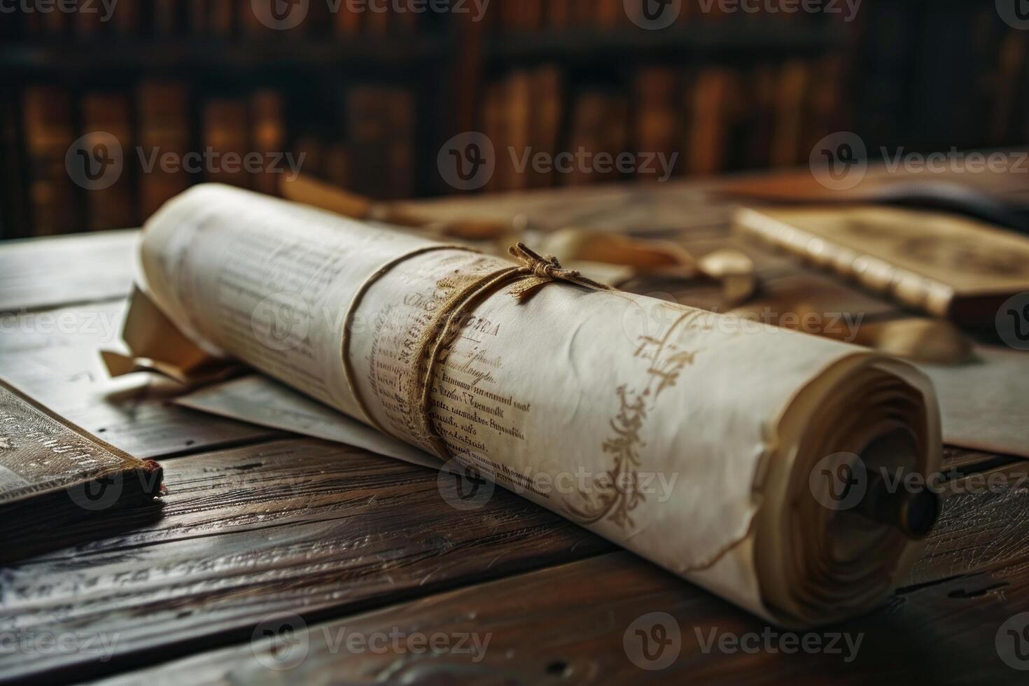 Ancient scroll resting on desk in antique library photo