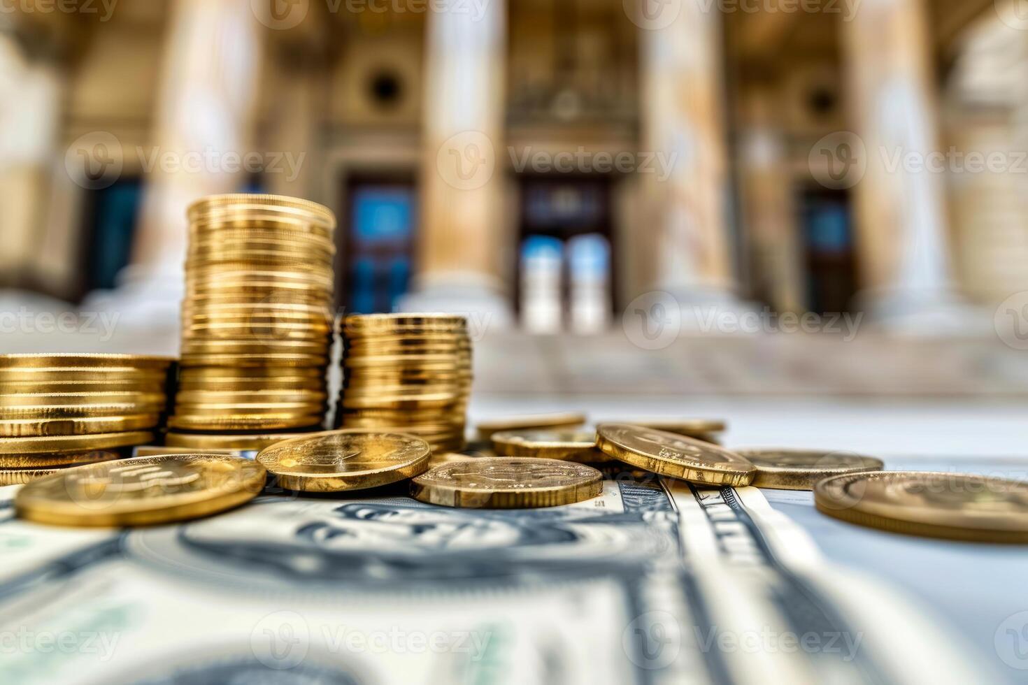 Gold coins stacked on dollar banknotes in front of building facade photo