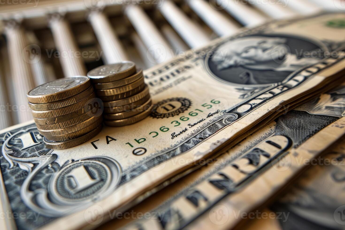 Stack of coins sitting on dollar bills representing global finance and economic growth photo