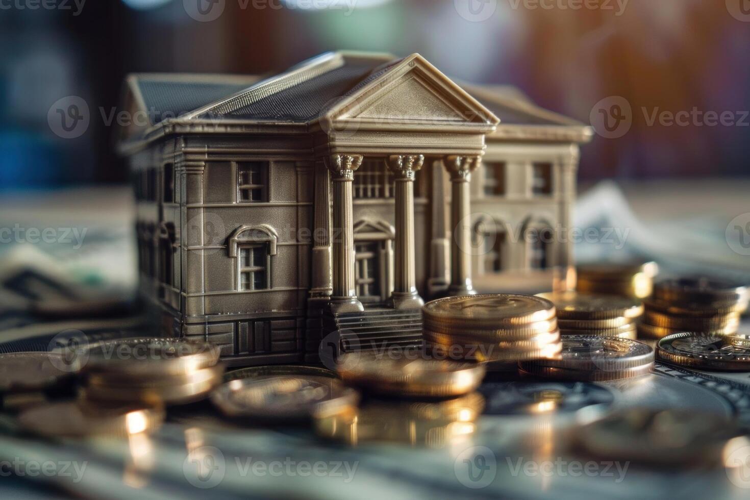 Miniature model house sitting on stacks of coins over blurred us dollar banknotes photo