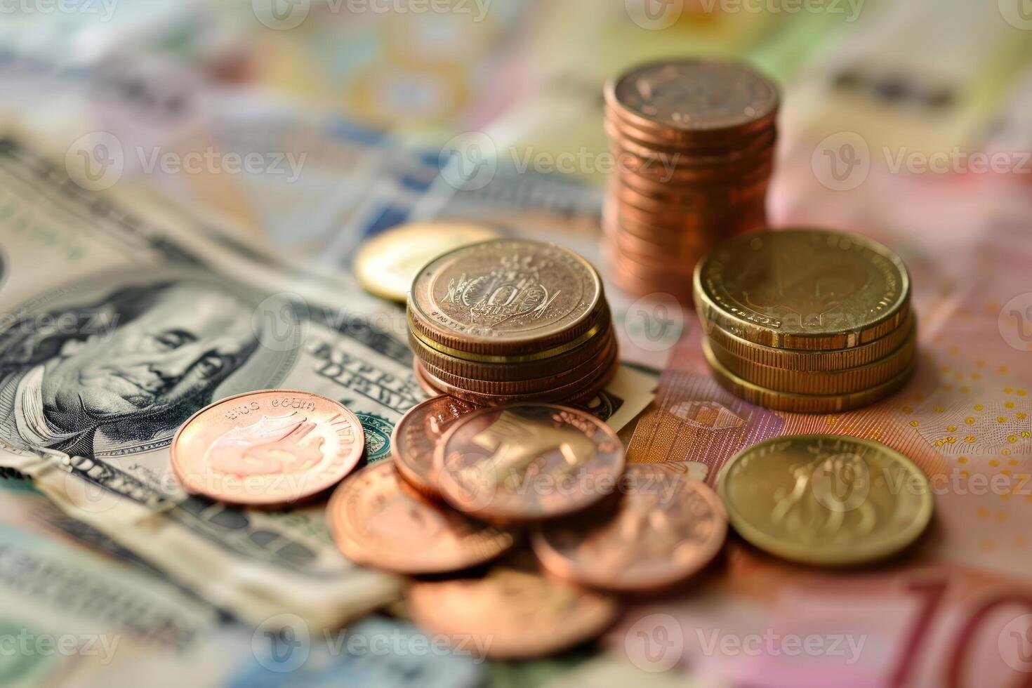 Stacks of coins laying on international banknotes for global business concept photo