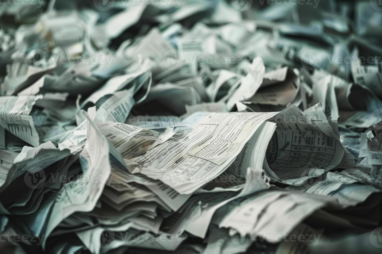 Pile of crumpled paper documents forming textured background photo