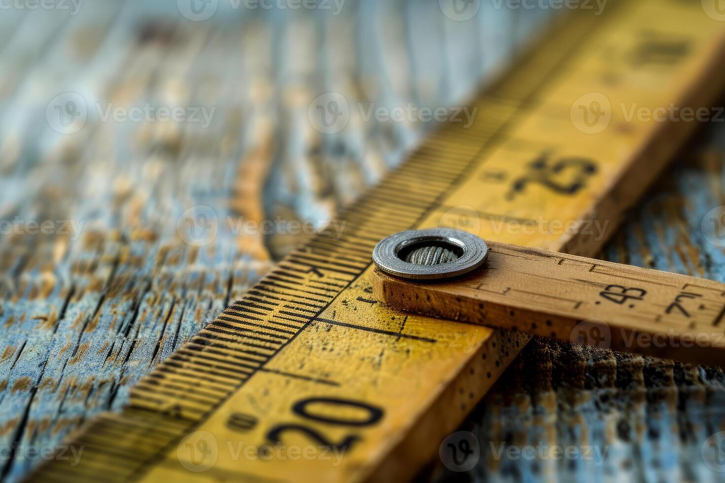 Carpenter's folding ruler lying on worn blue table top photo