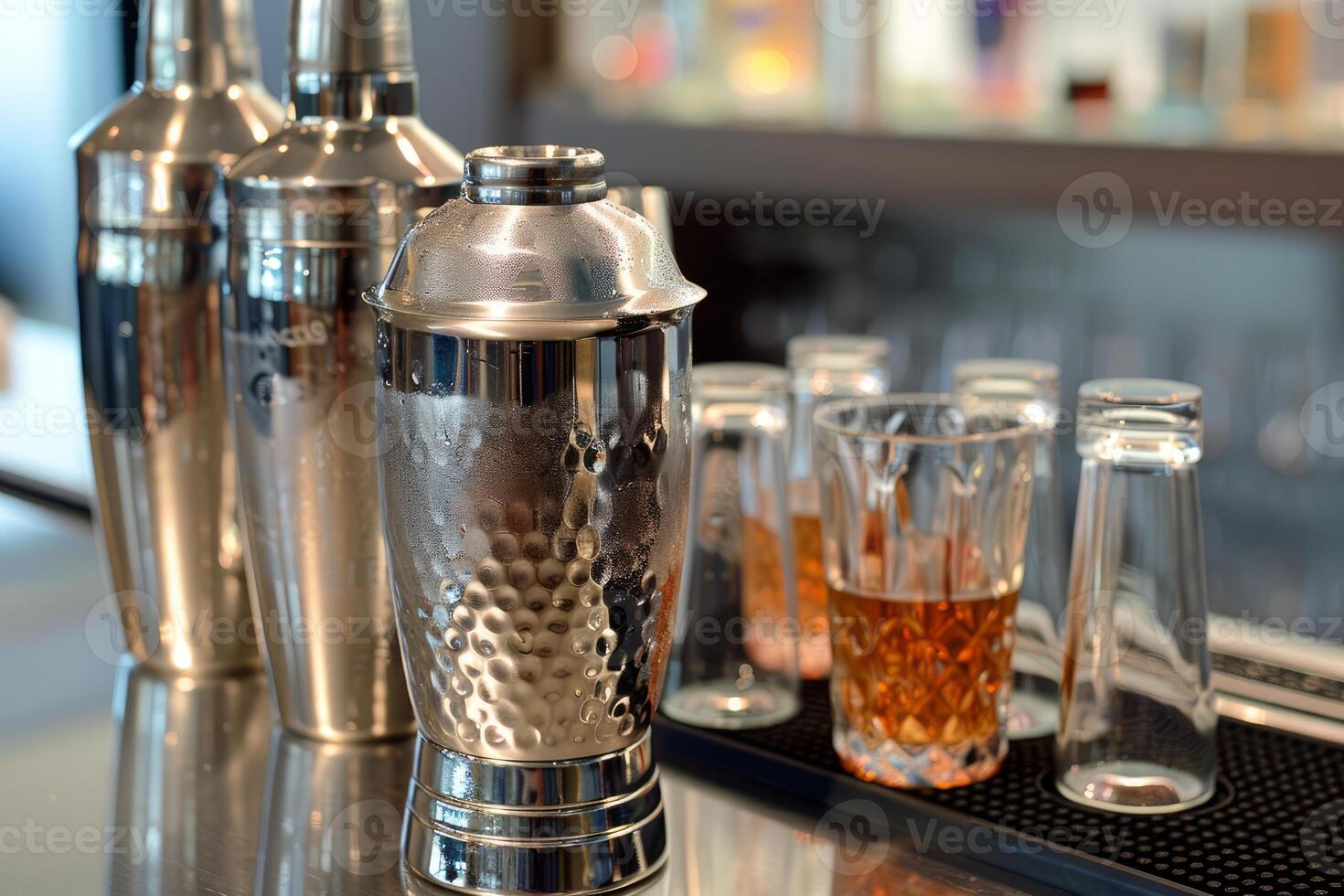 Bartender equipment standing on bar countertop with cocktail glasses photo