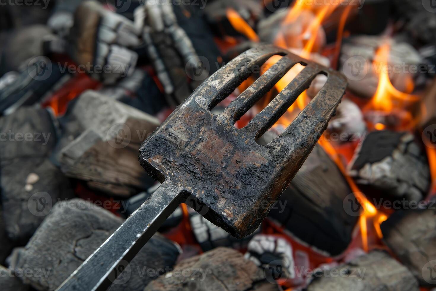 Close up of dirty metal spatula resting on burning wood in fireplace photo