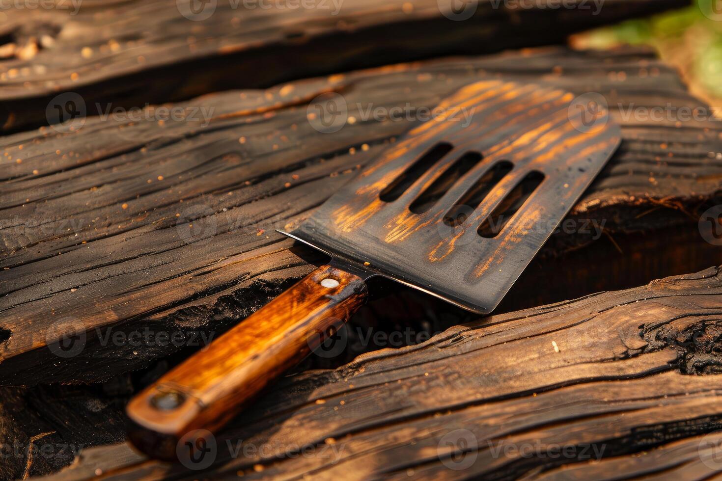 Burned wooden spatula resting on wood in warm light photo