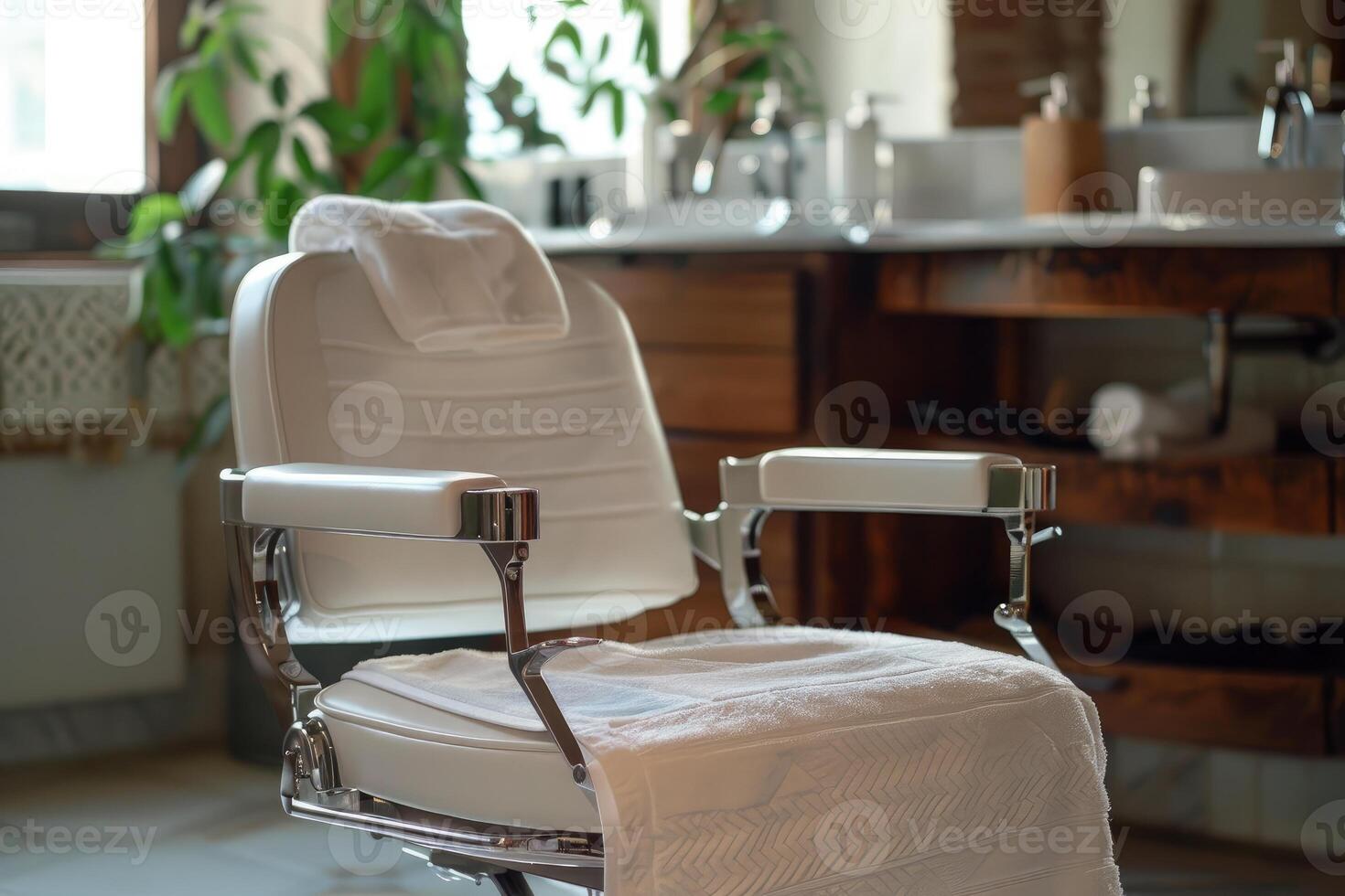 Empty barber chair awaiting client in modern barbershop photo