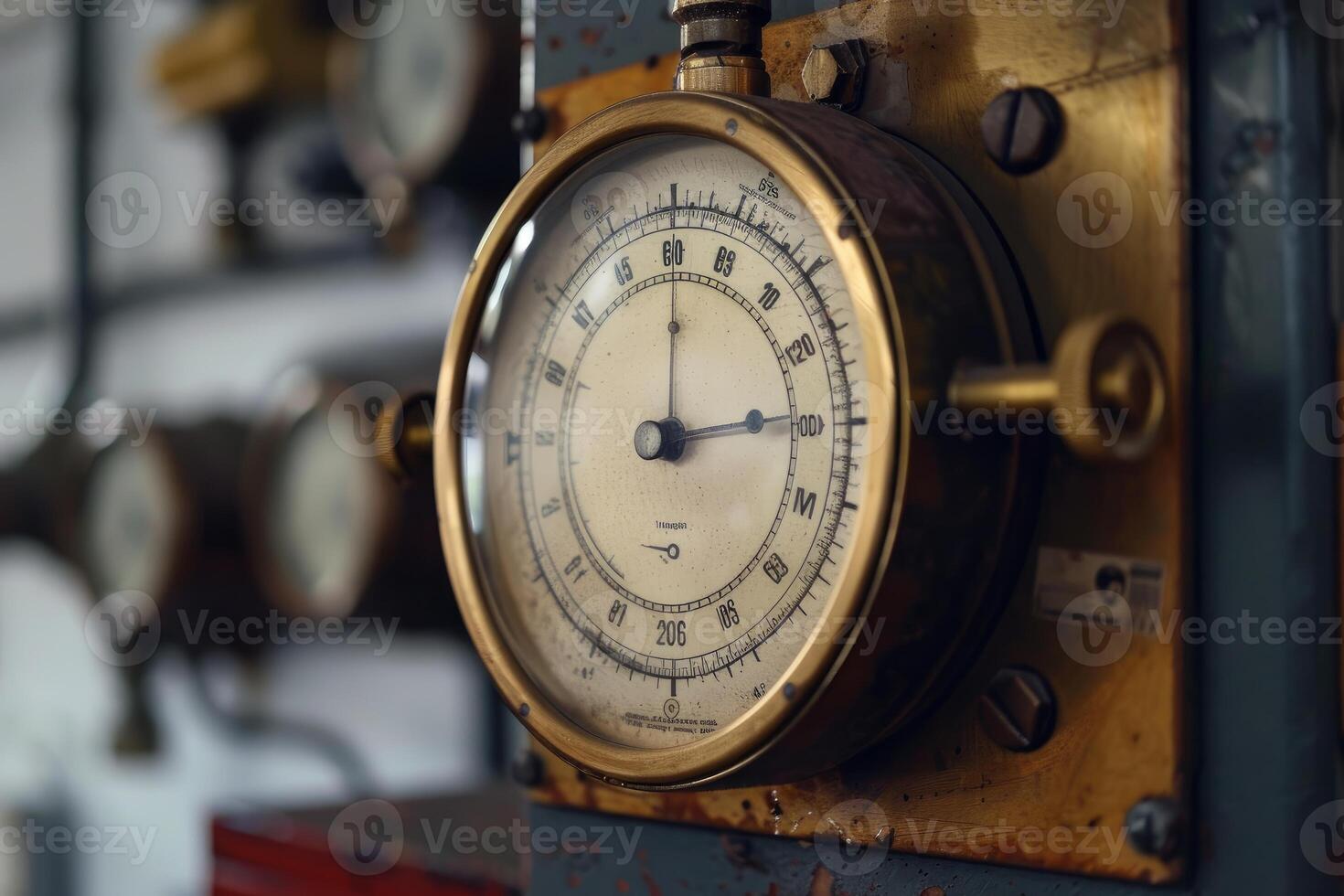 Old vintage pressure gauge showing pressure level in bar and psi units photo