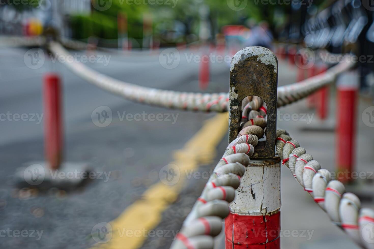 Close up of red and white rope barrier guiding pedestrians in urban setting photo