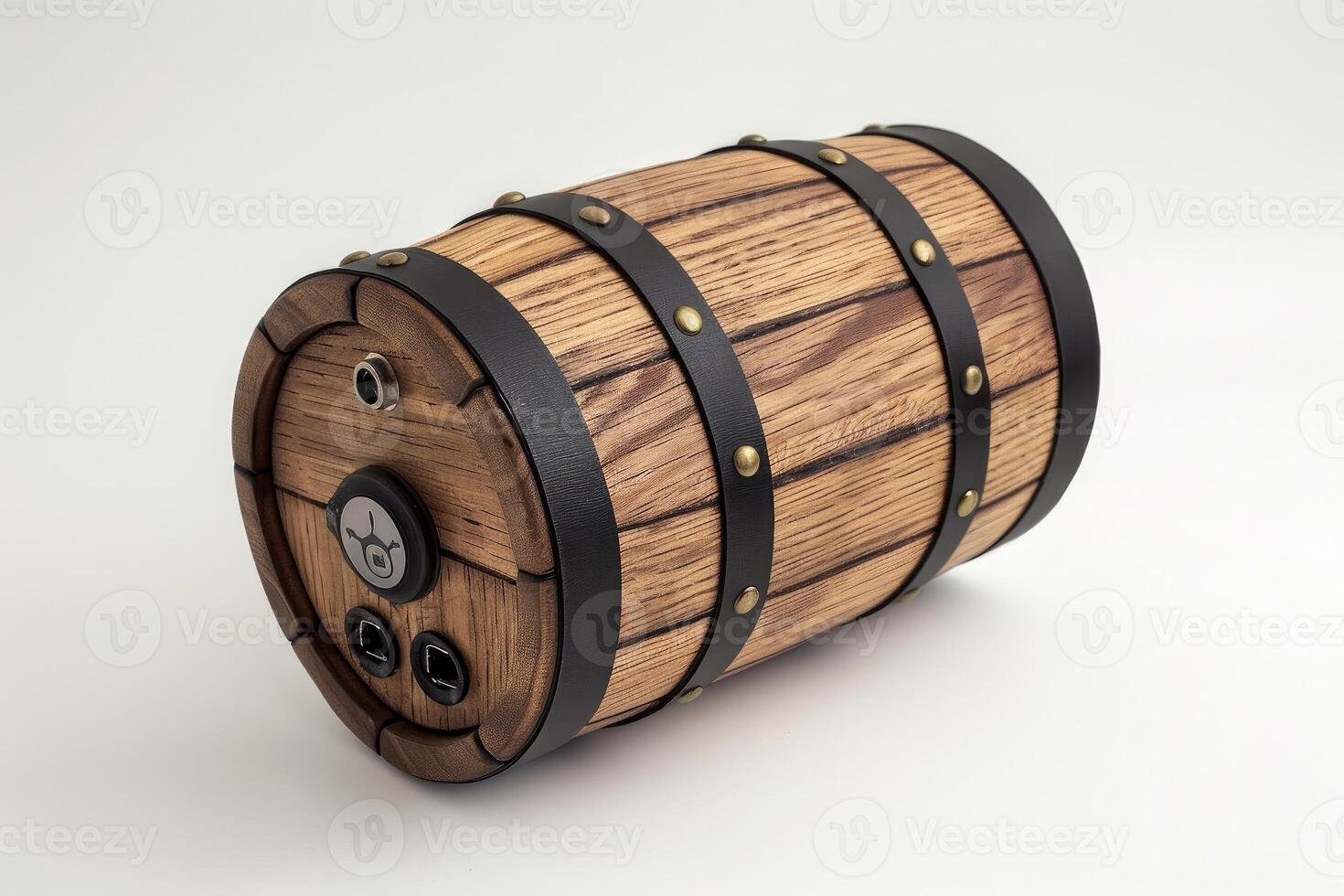 Wooden barrel computer case resting on white background photo