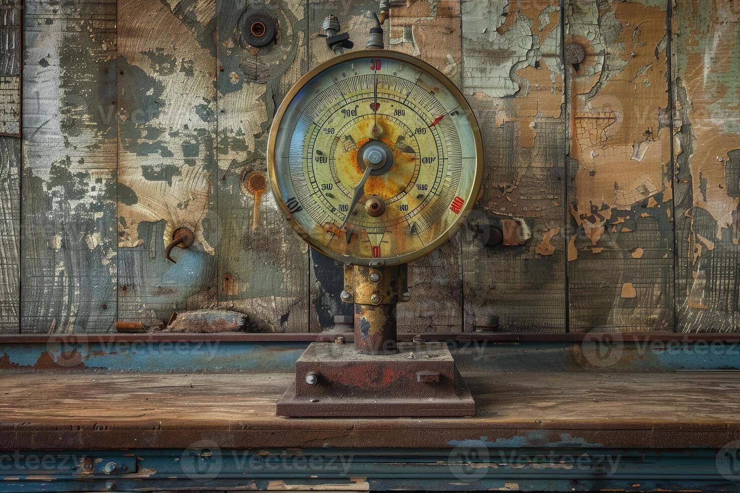 Old weathered pressure gauge resting on wooden shelf photo