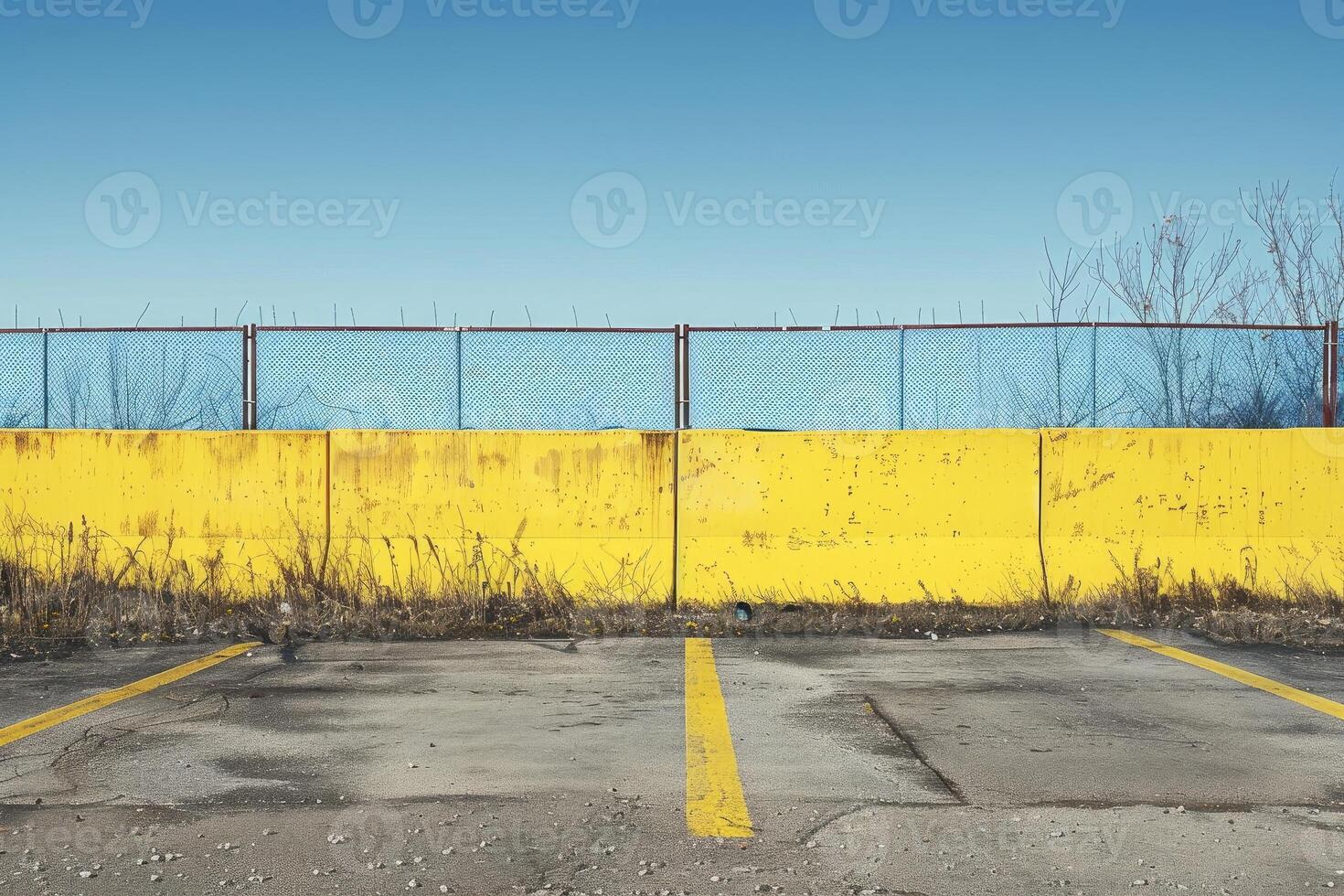 Yellow concrete wall separating parking lot from chain link fence photo