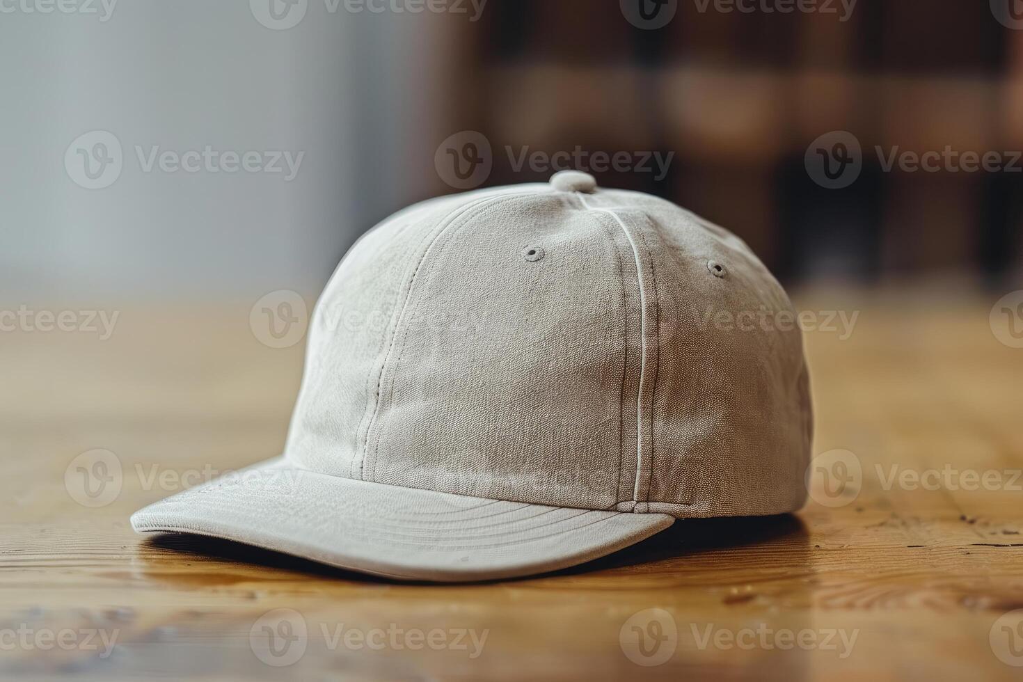 Light beige baseball cap resting on a wooden table photo