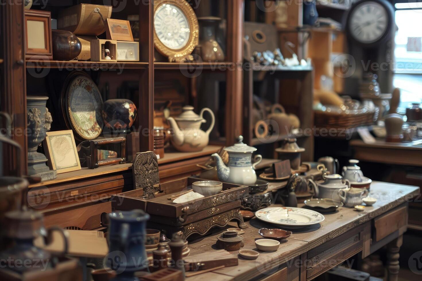 Antique shop displaying china plates and teapots on wooden table and shelves photo