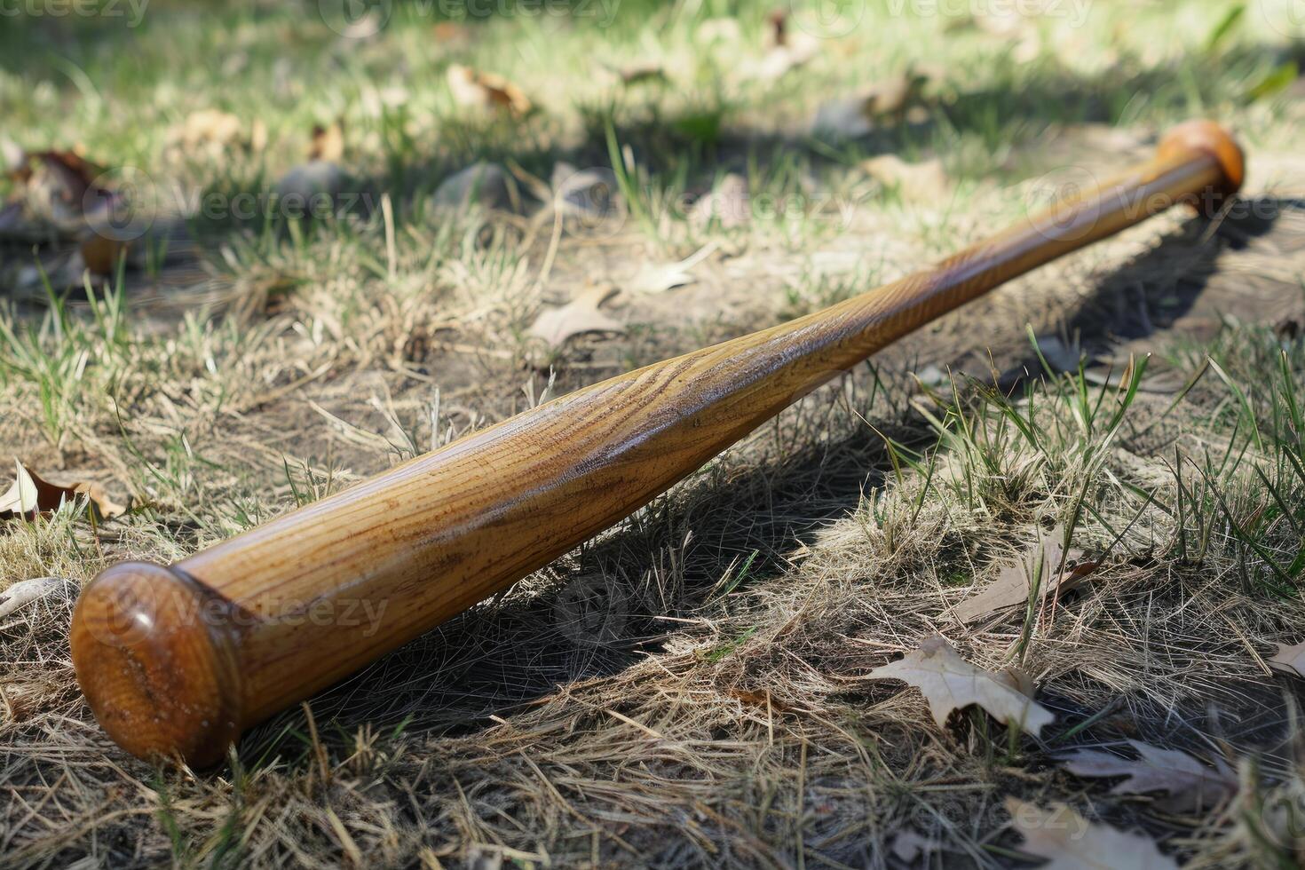 Wooden baseball bat lying on the grass photo