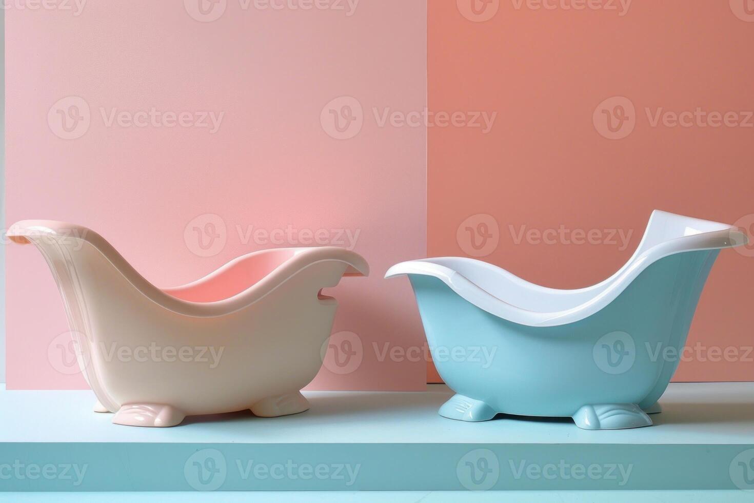 Two empty baby bathtubs with a pastel pink and peach background sitting on a turquoise surface photo