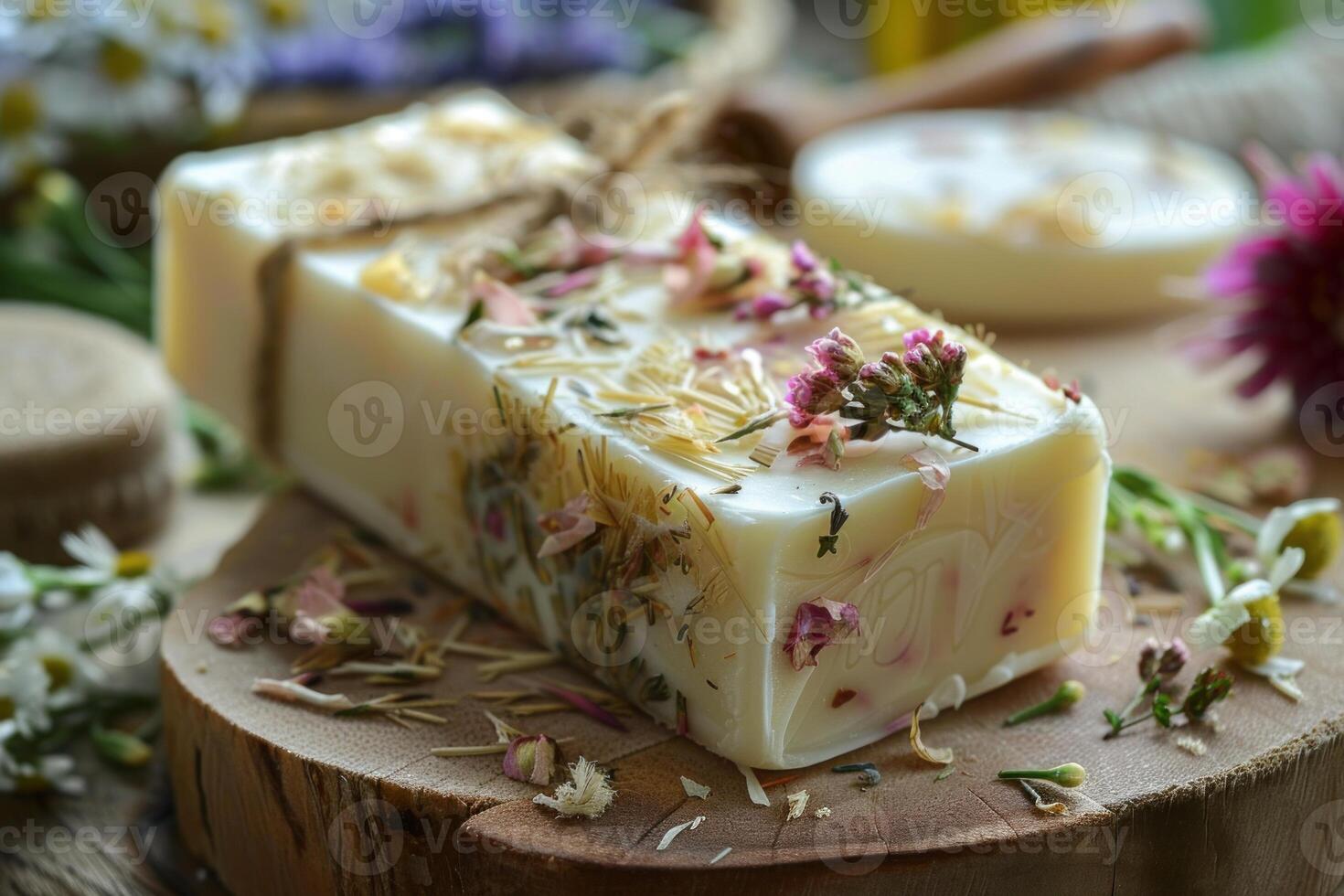 Handmade soap bar with dried flowers lying on wooden board photo