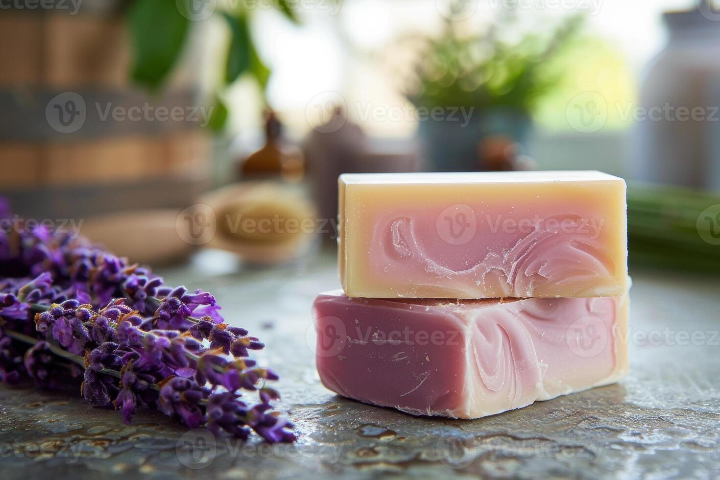 Two bars of lavender soap resting on marble surface with lavender sprig photo