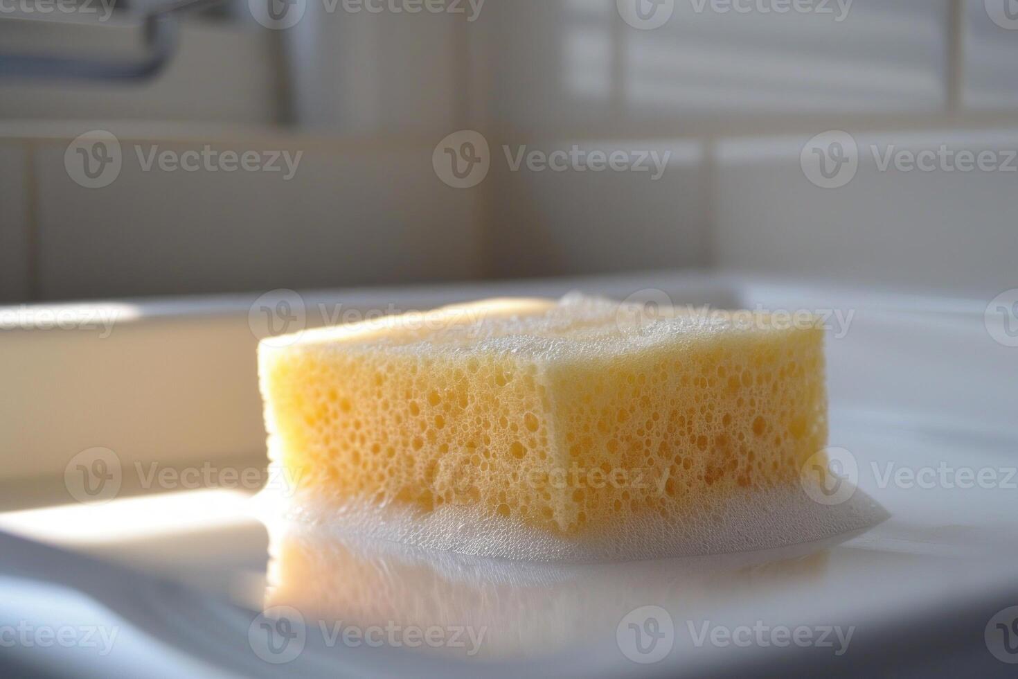 Yellow cleaning sponge soaking in soapy water photo