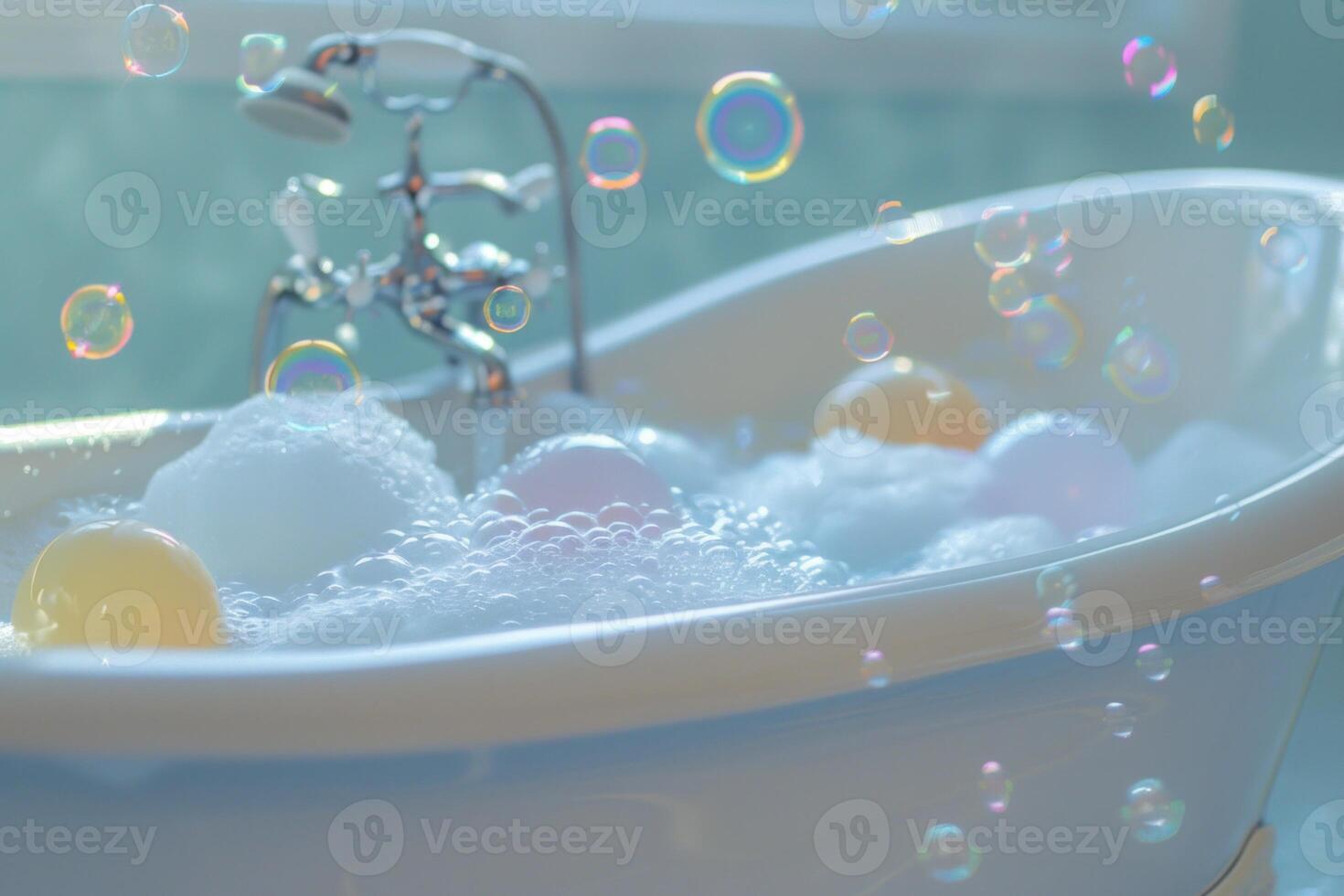 Bathtub full of soap suds overflowing with bubbles photo