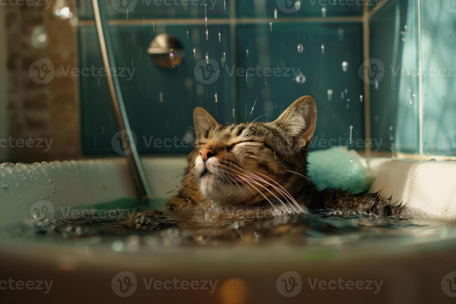 Tabby cat enjoying bath time in a sink photo