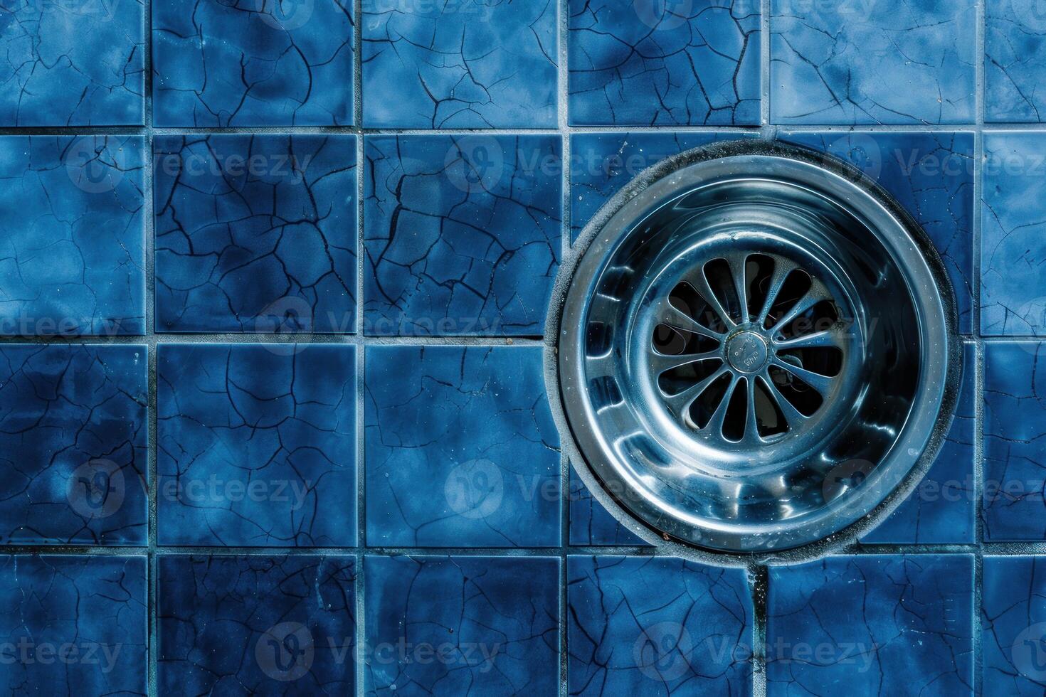 Round metal drain surrounded by cracked blue tiles photo