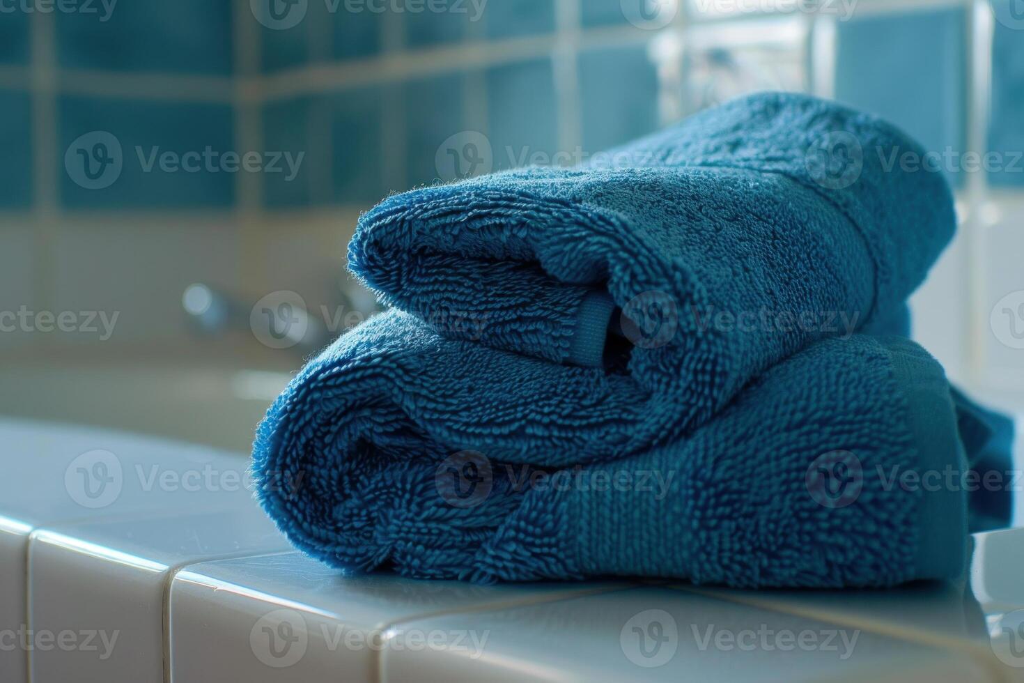 Two blue towels folded on bathroom countertop photo