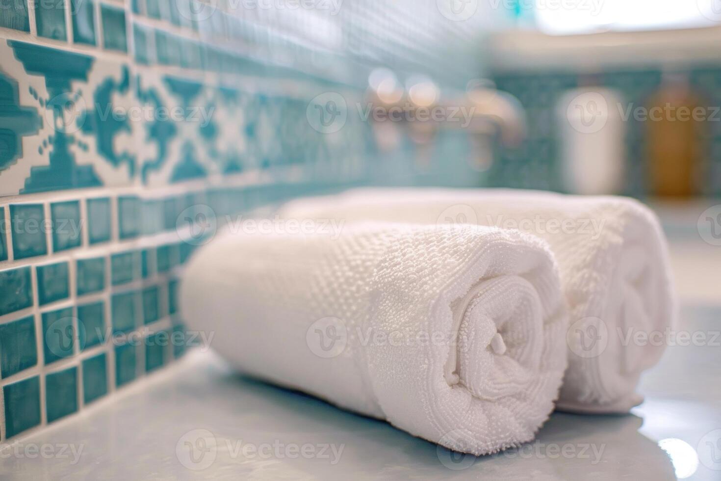 Two white towels folded on bathroom countertop photo