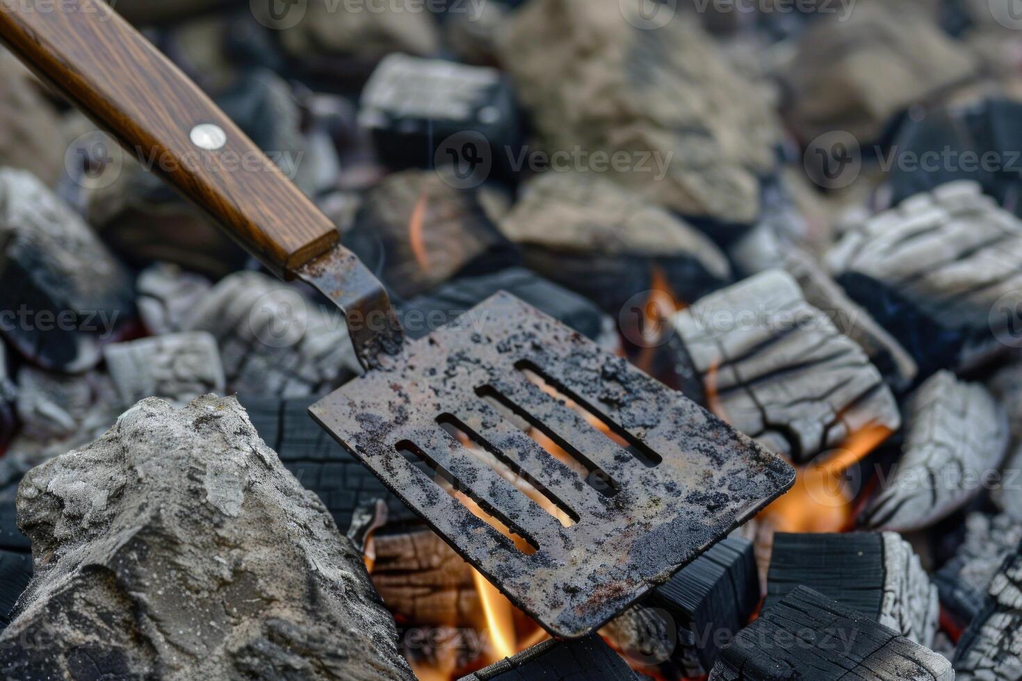Metal spatula being held over burning wood in a campfire for grilling photo