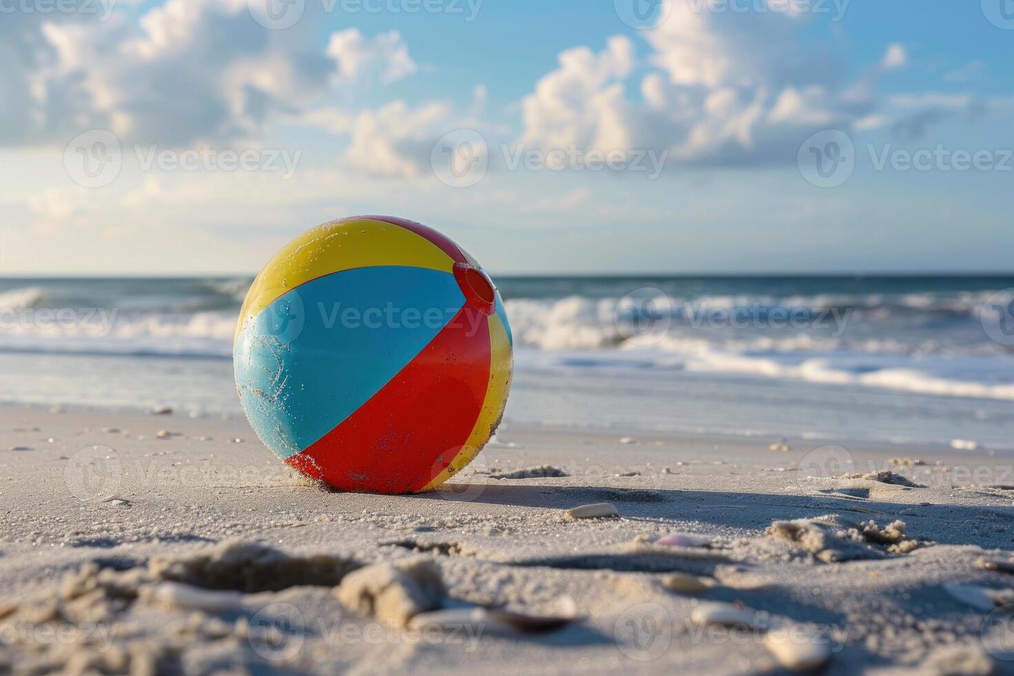 Colorful beach ball resting on the sand near the ocean photo