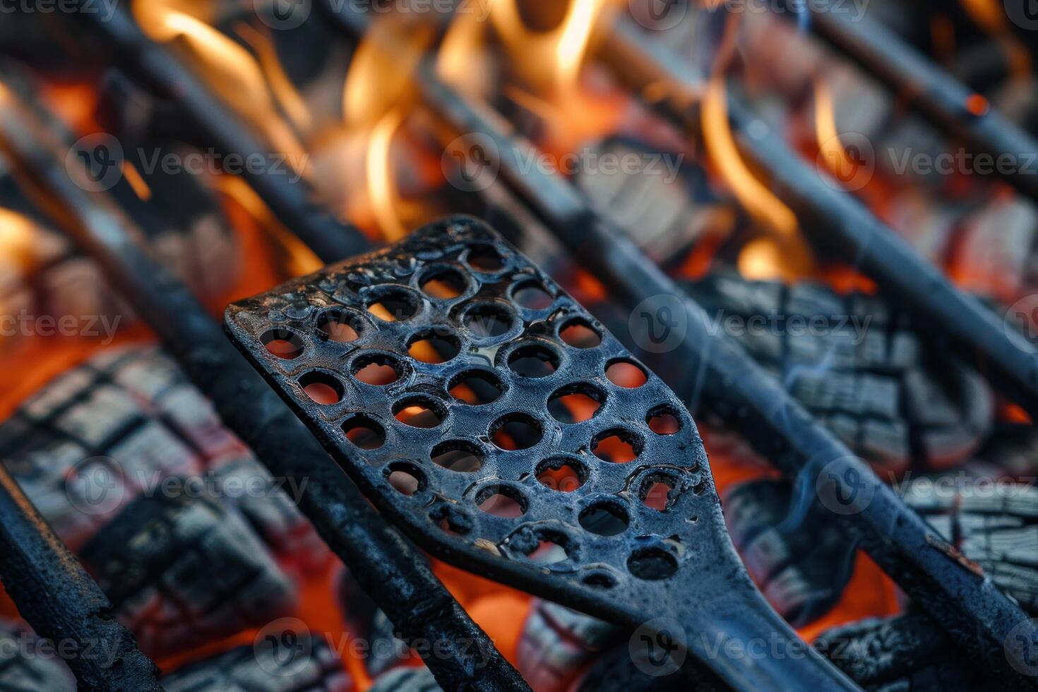 Close up of spatula resting on barbecue grill over burning coals photo
