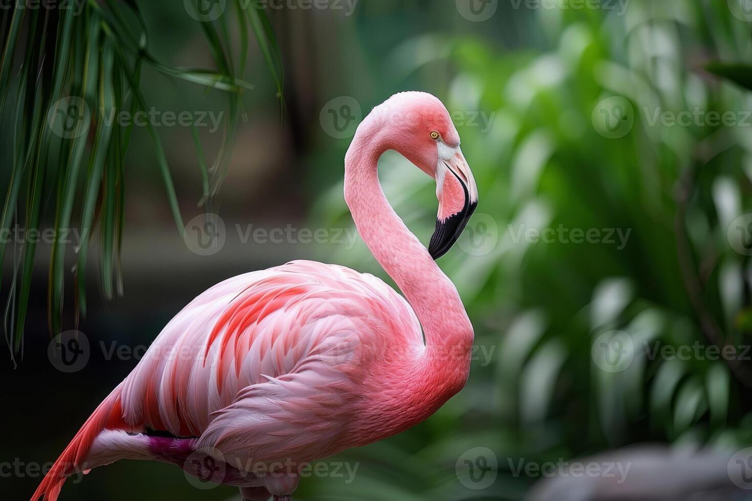 Pink flamingo standing gracefully in tropical greenery photo