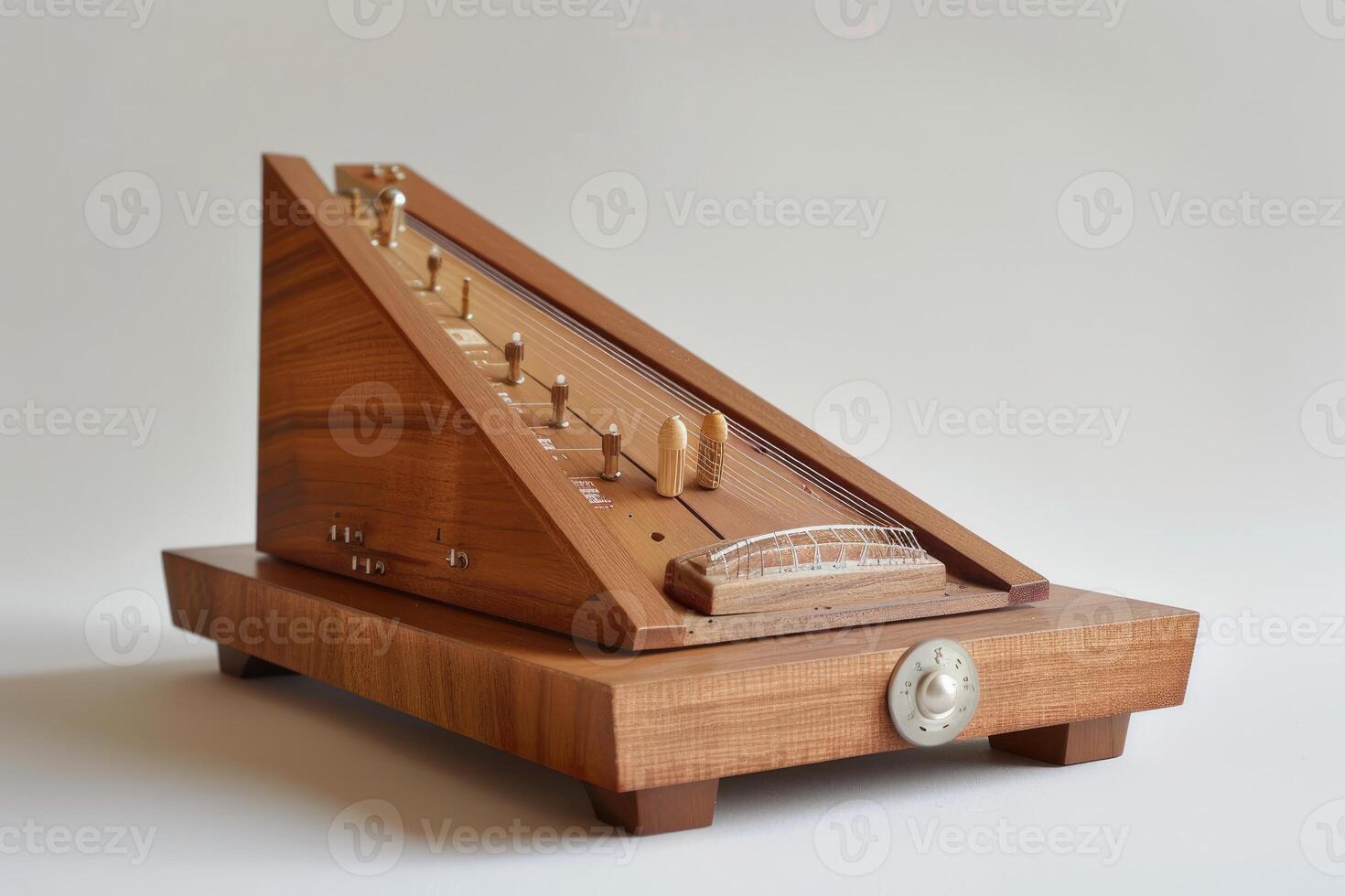 Handmade wooden string instrument standing on tabletop photo