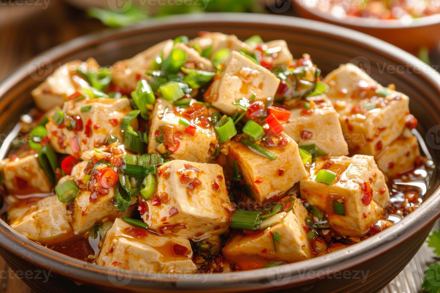 Mapo tofu garnished with chopped scallions being served in brown bowl photo