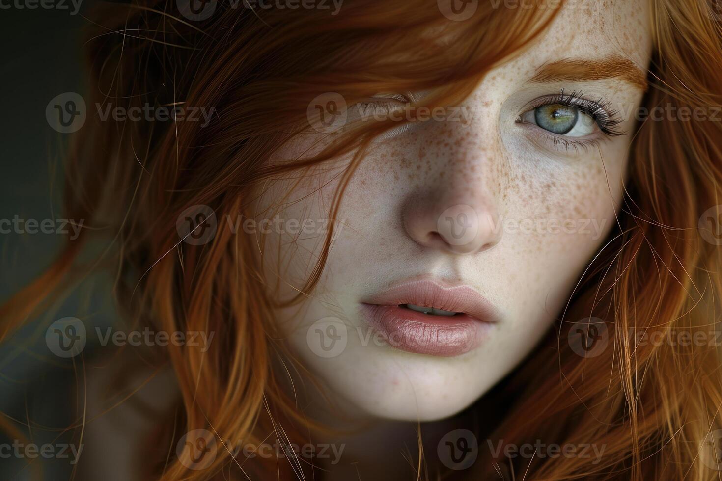 Intense gaze of a red-haired woman with freckles photo
